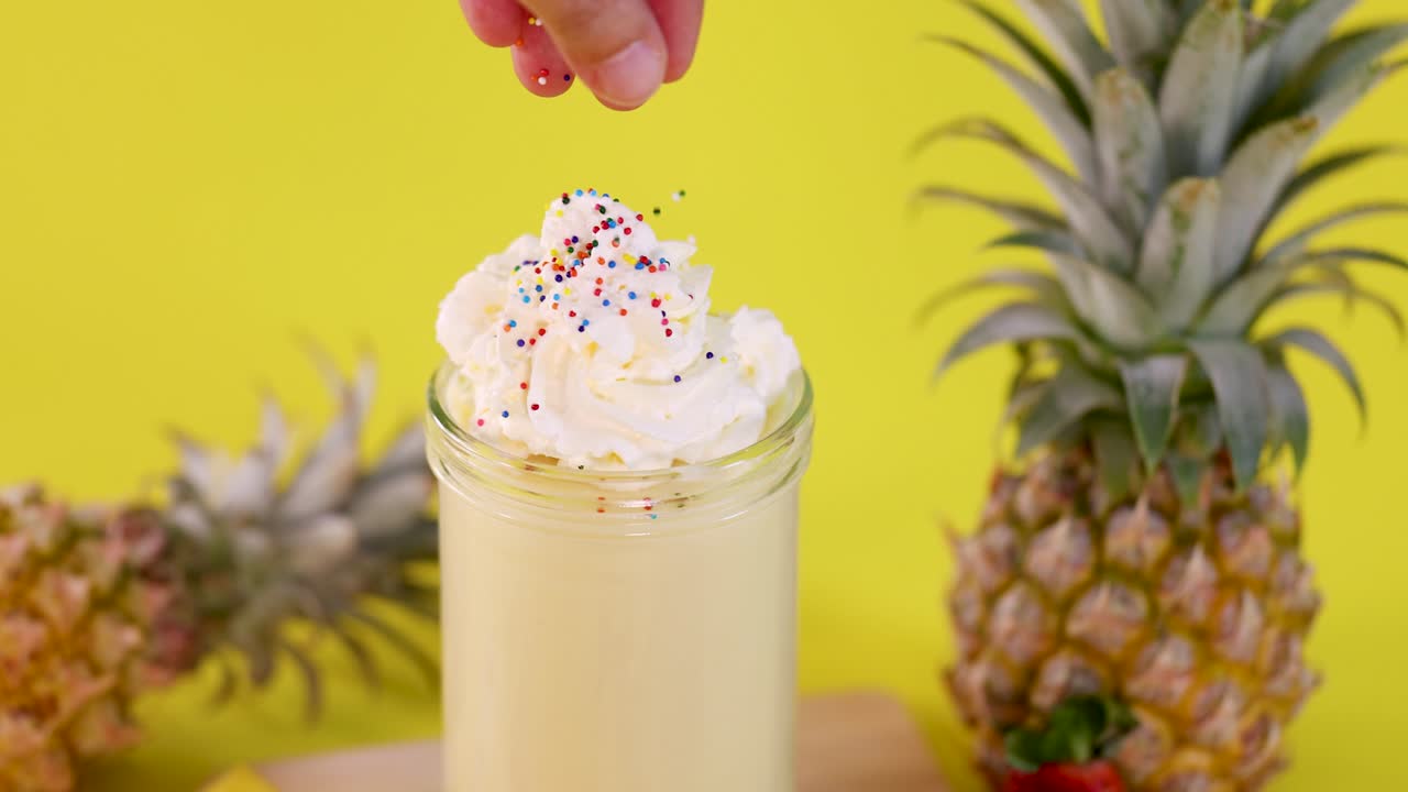 Hand sprinkles colorful toppings on whipped cream pineapple smoothie, bright yellow background, vibrant lighting
