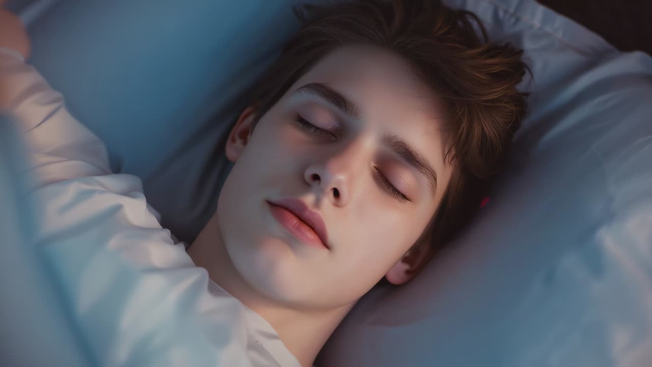 Sleeping teen male breathing in bedroom while lights dimming, pillow duvet pajama sleeve visible