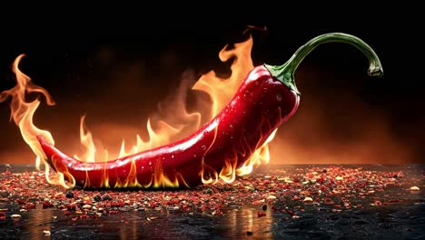 fiery red chili pepper on fire