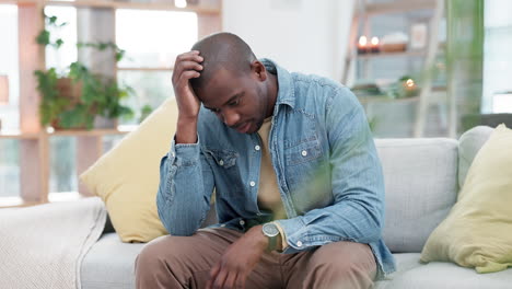 mistake, anxiety and sad black man on sofa