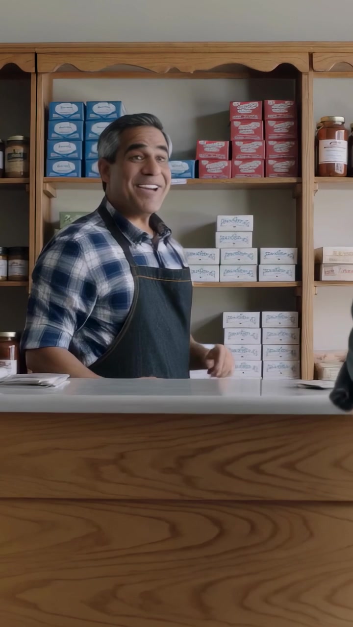 Vídeo vertical: A pedido do cliente, balconista de avental pegando caixas na loja, entregando recibo, repondo o estoque.