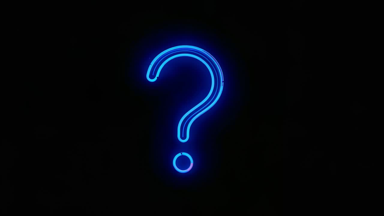 Pulsing neon blue question mark sign emitting pulse with dot on black wall as frames advance