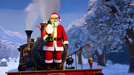 santa on a christmas train in a snowy winter wonderland