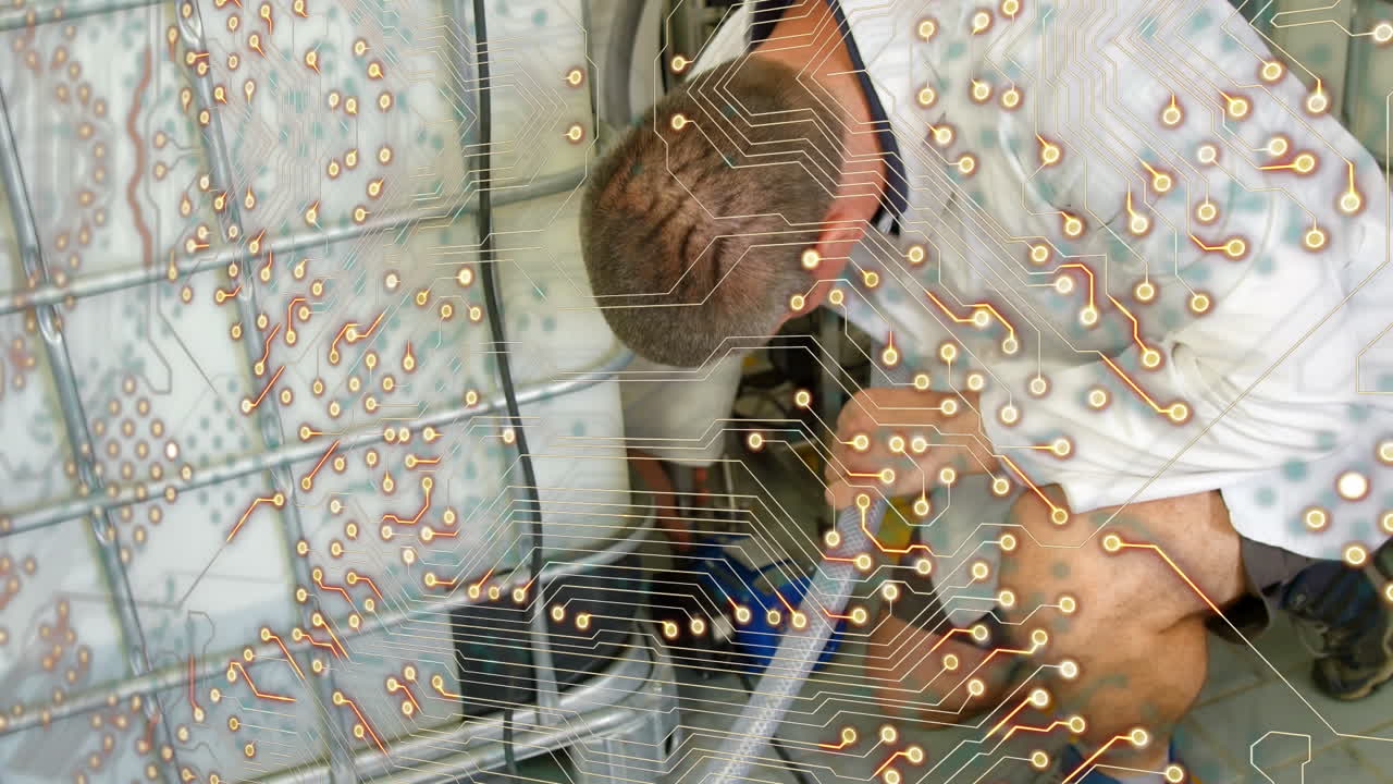 animación de un circuito integrado sobre un fontanero caucásico