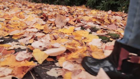 Cierre-En-Cámara-Lenta-De-Pies-Femeninos-Con-Botas-Caminando-Y-Pateando-Hojas-De-Otoño