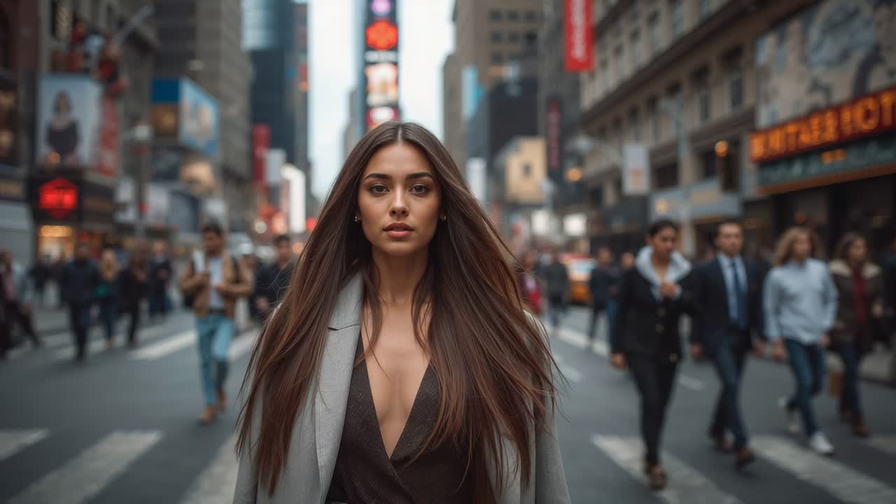 Walking woman wearing gray coat V-neck dress toward camera at city crossing, dolly starting, posing