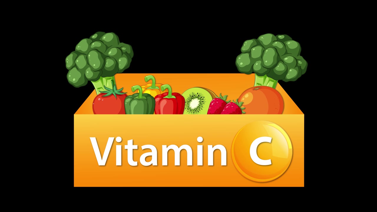 Animated box fills with broccoli, citrus, kiwi, peppers, strawberries, and text highlighting vitamin C