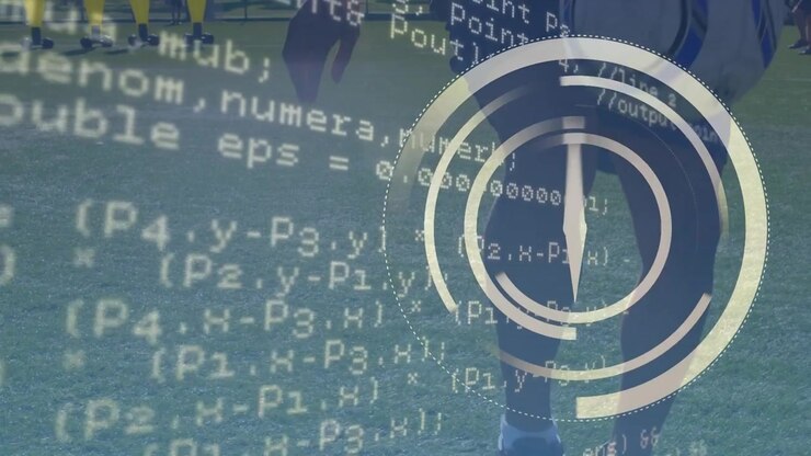 Animation of moving clock and data processing over diverse football players