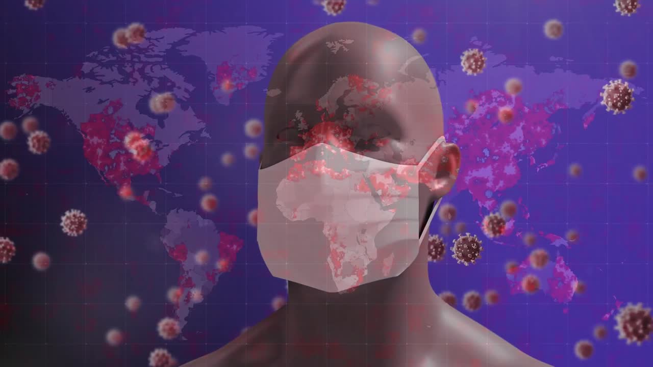 Animation of micro coronavirus Covid-19 cells floating around a 3D human face with a mask
