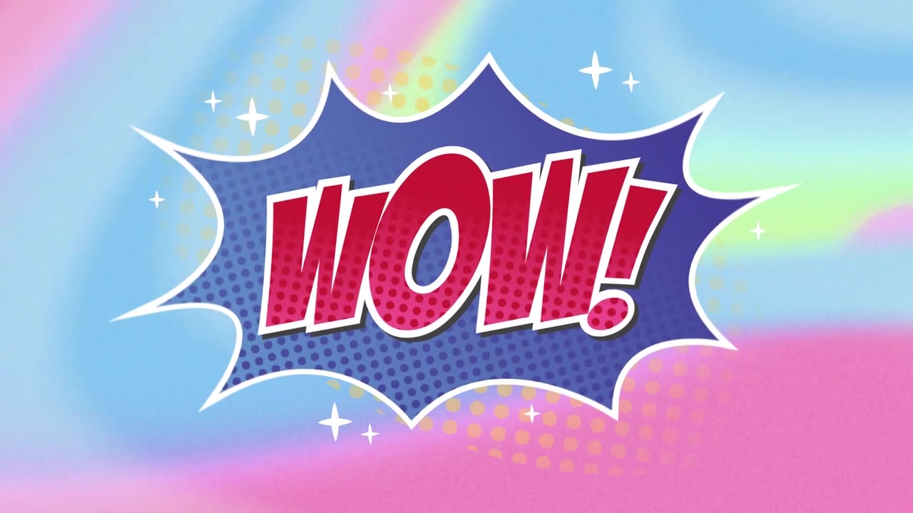 แอนิเมชันดิจิทัลของข้อความ "Wow" บนฟองคำพูดสีน้ำเงิน โดยมีพื้นหลังพาสเทลสีสันสดใส