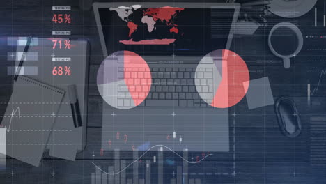 animación del procesamiento de datos financieros en una computadora portátil en el escritorio