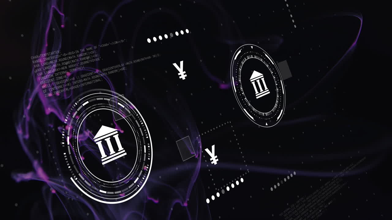 아이콘과 통화 기호의 애니메이션은 검은색 배경에 빛의 흔적 위에 데이터 처리를합니다.