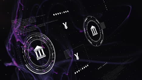 animation of icons and currency symbols with data processing over light trails on black background