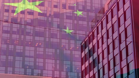 Composite-video-of-china-flag-waving-against-tall-buildings