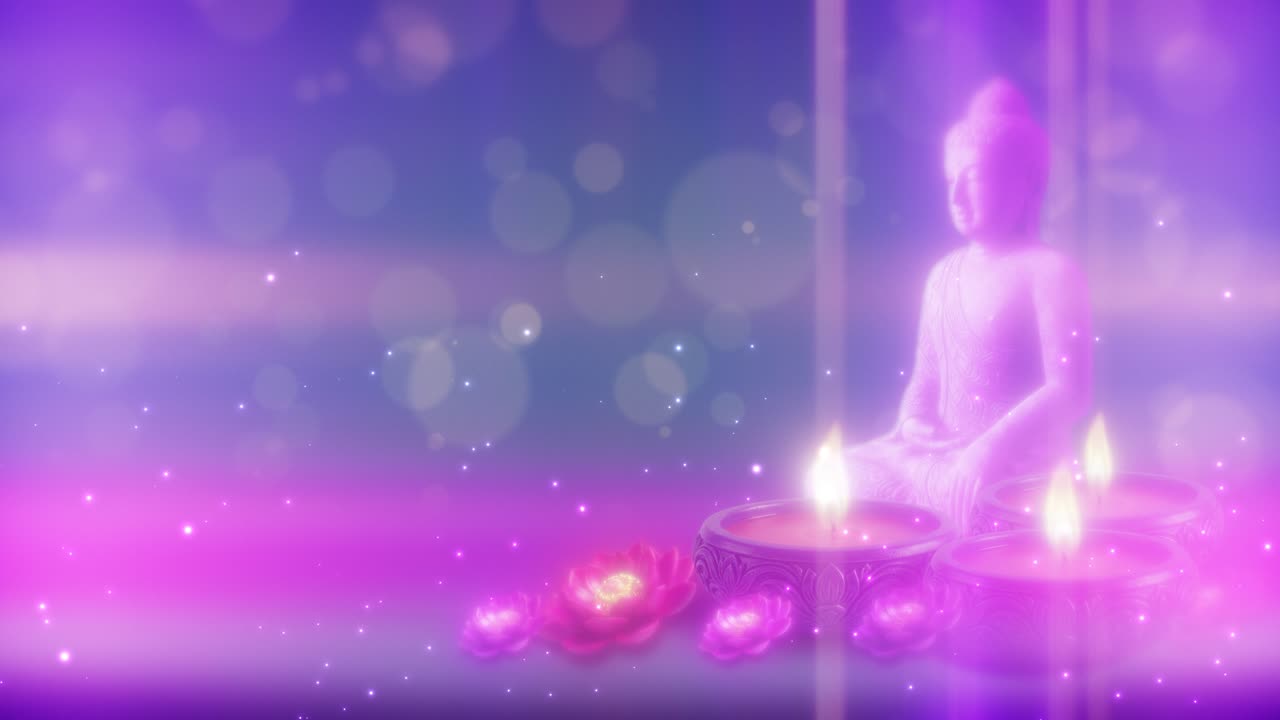 Sfondo rilassante blu e verde acqua con candele accese e fiori di loto galleggianti in un loop spirituale continuo.