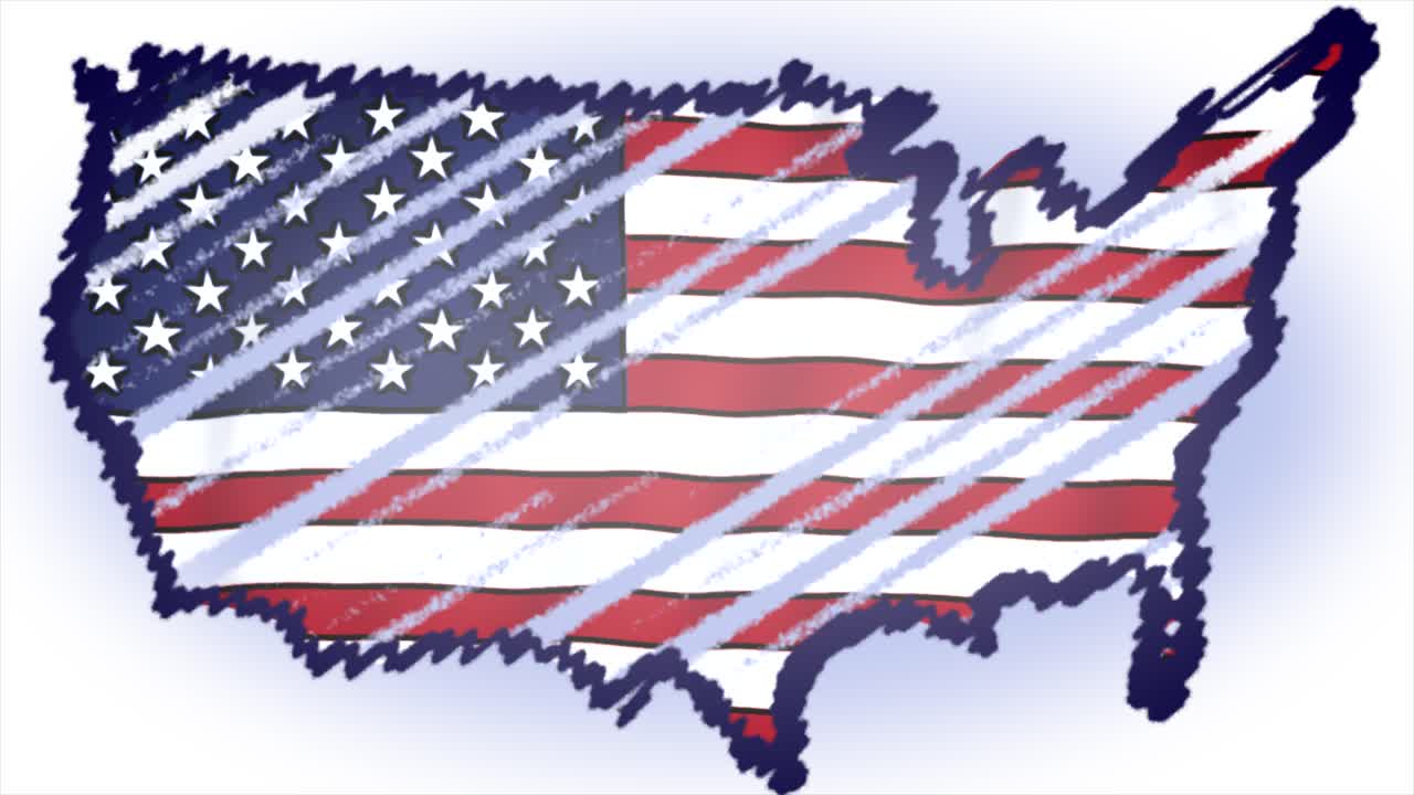 Sfondo grafico animato audace e patriottico con una mappa degli Stati Uniti a stelle e strisce in stile scarabocchio, nei colori rosso, bianco e blu tipicamente americani