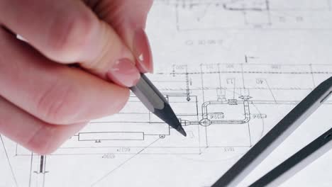 close-up of a hand working on engineering blueprints with a compass