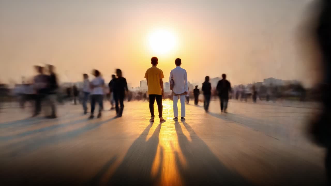 Two Individuals Walking Hand in Hand Towards a Sunset, Surrounded by a Blurry Crowd, Highlighting Connection Amidst the Busyness of Life