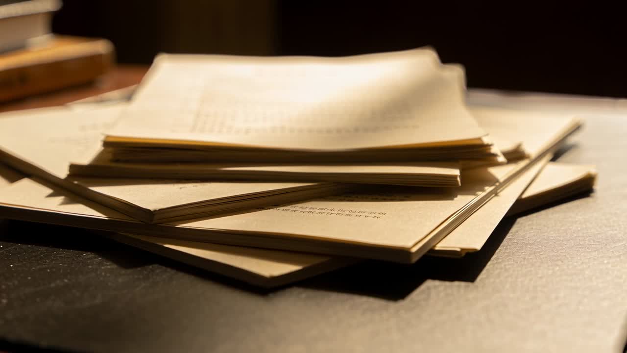 Pulling back camera, stack of printed papers sitting on study desk pad, revealing lamp and notebook