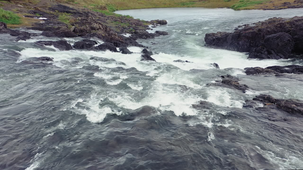 A low drone flight over rapids in river