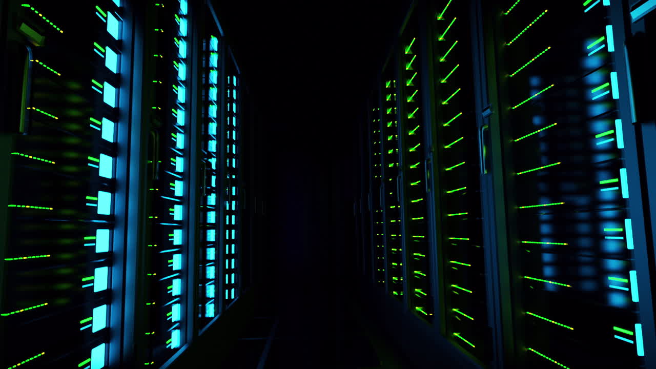Dolly Shot Moving Through Data Center Computer Servers Processing Digital Information Behind Glass Doors. IT Infrastructure Running Apps and Services Online for AI. 3D Technology Animation