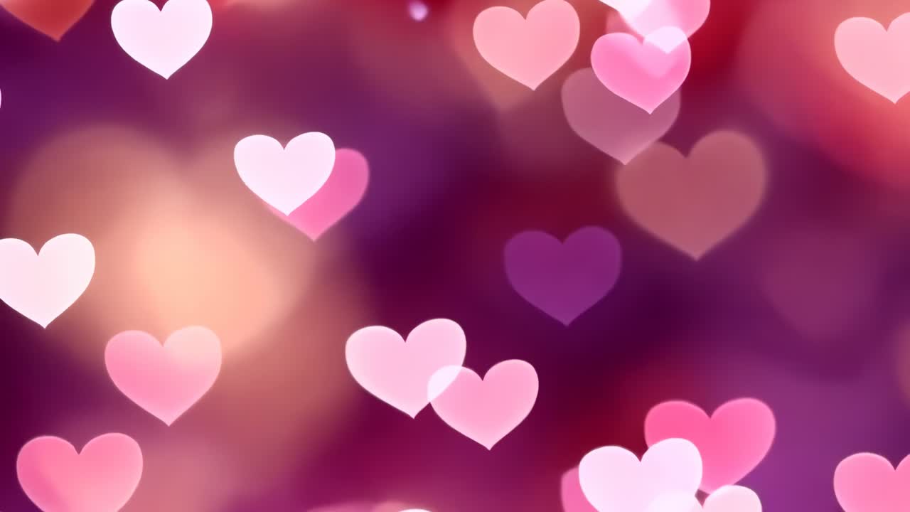 A dreamy, soft-focus video background with pink and purple heart bokeh