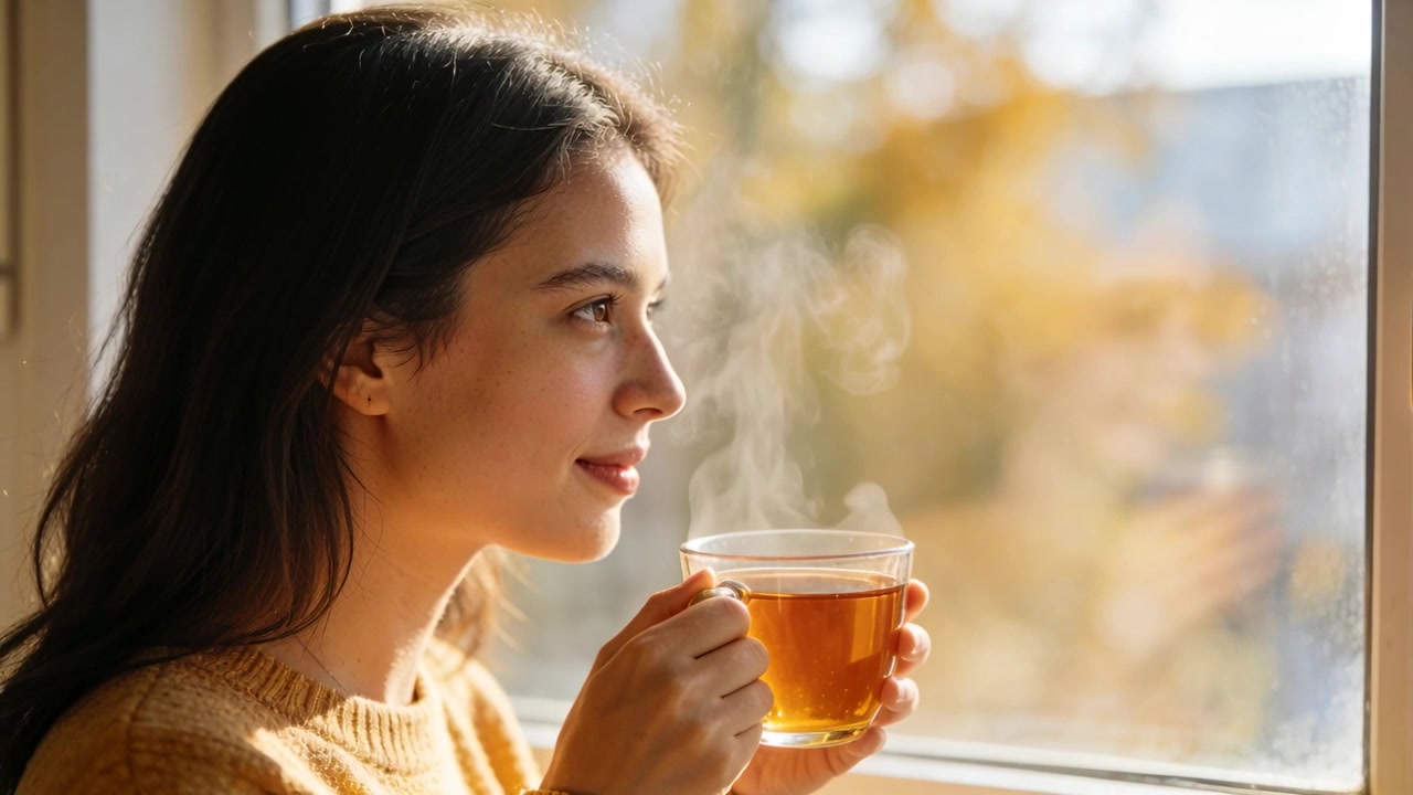 Kvinne i sennepsgul genser holder og løfter glasskopp ved vindu, damp stiger, puster inn og reflekterer.