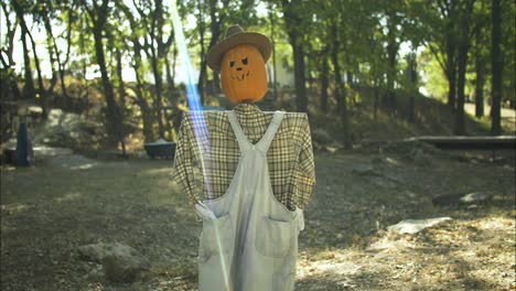 el espantapájaros de calabaza en el parche de calabazas de halloween