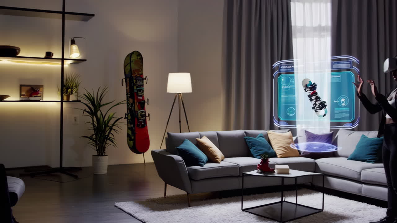 Woman interacts with a holographic snowboard display using a VR headset in a modern living room