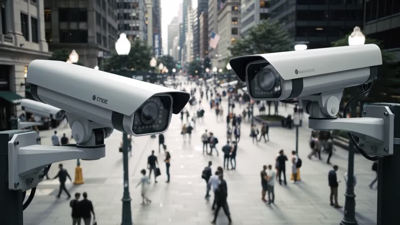 Urban Surveillance: A Detailed Glimpse into Modern Security Systems Overseeing Vibrant City Life and Pedestrian Activity in a Bustling Downtown Environment