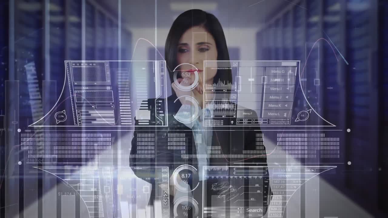 animación de una mujer de negocios utilizando la interfaz de pantalla táctil y el procesamiento de datos