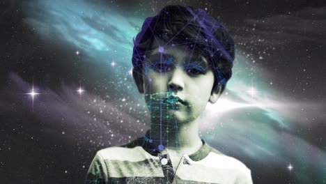 network of connections over boy against space in background