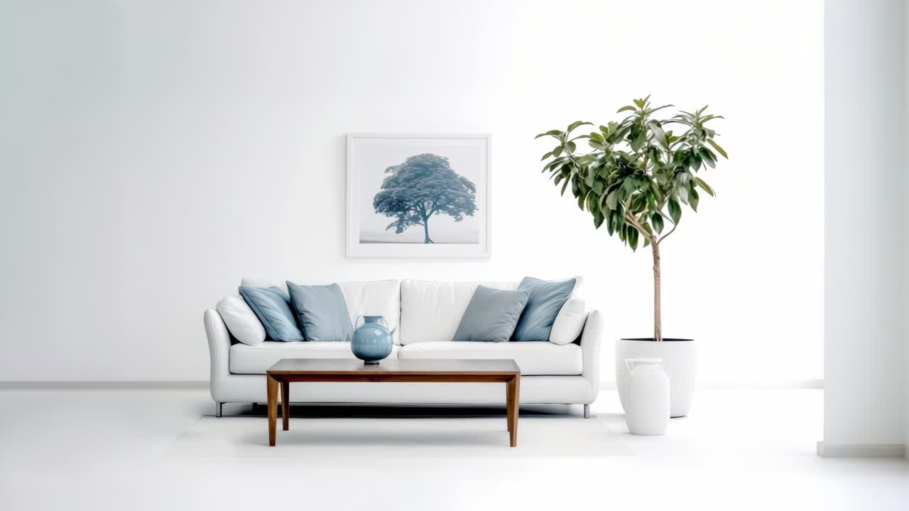 Minimalist living room with a white sofa, blue cushions, and a potted plant