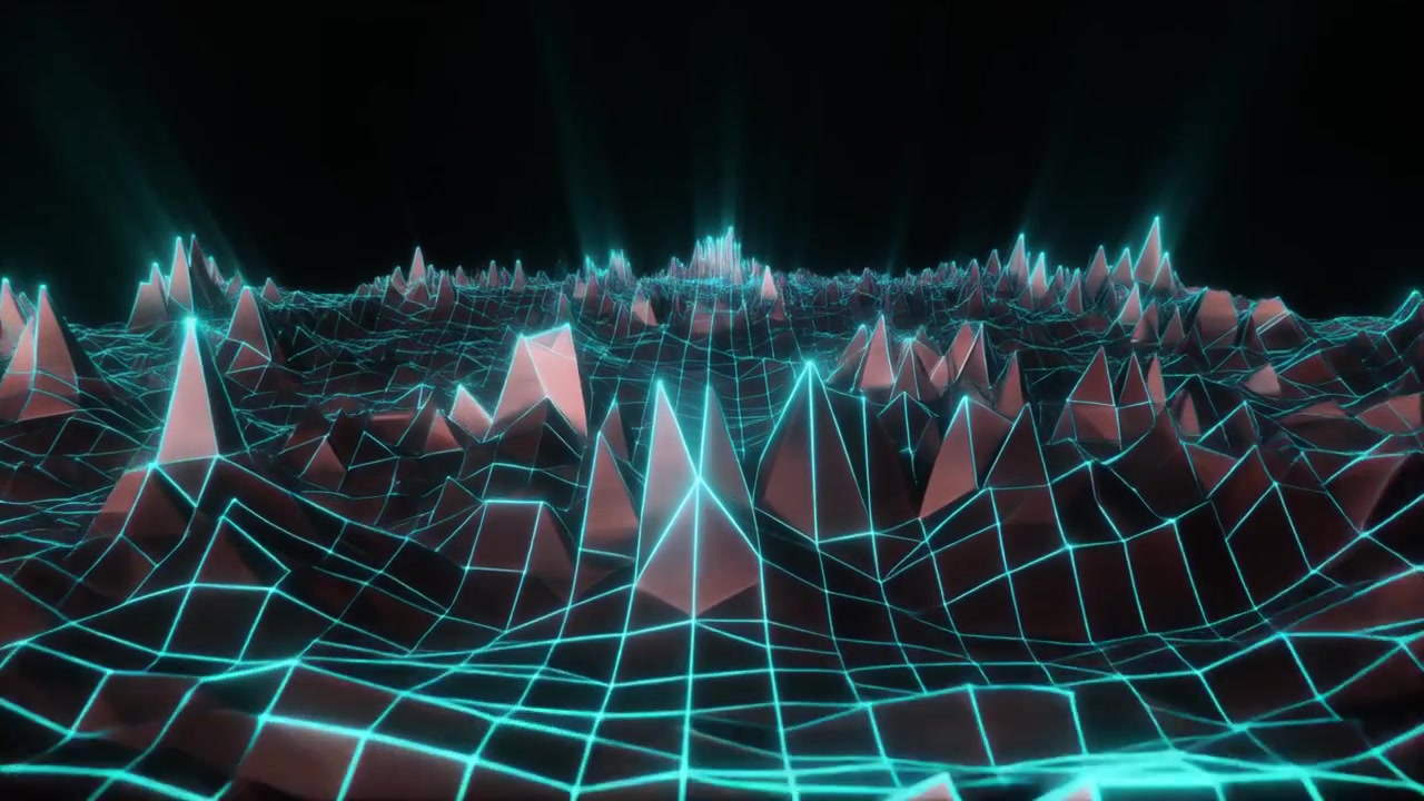 Abstract Digital Landscape with Glowing Neon Grid and Peaks