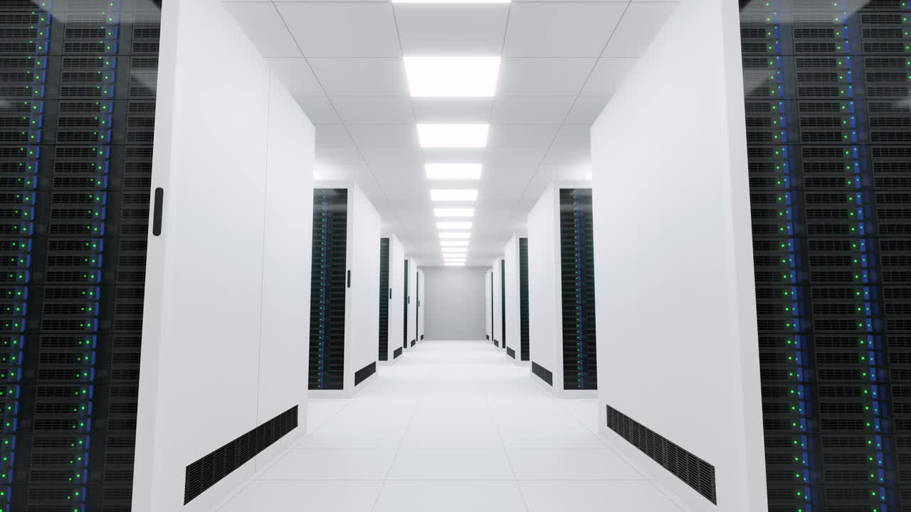 Server room of a futuristic data center 3d animation