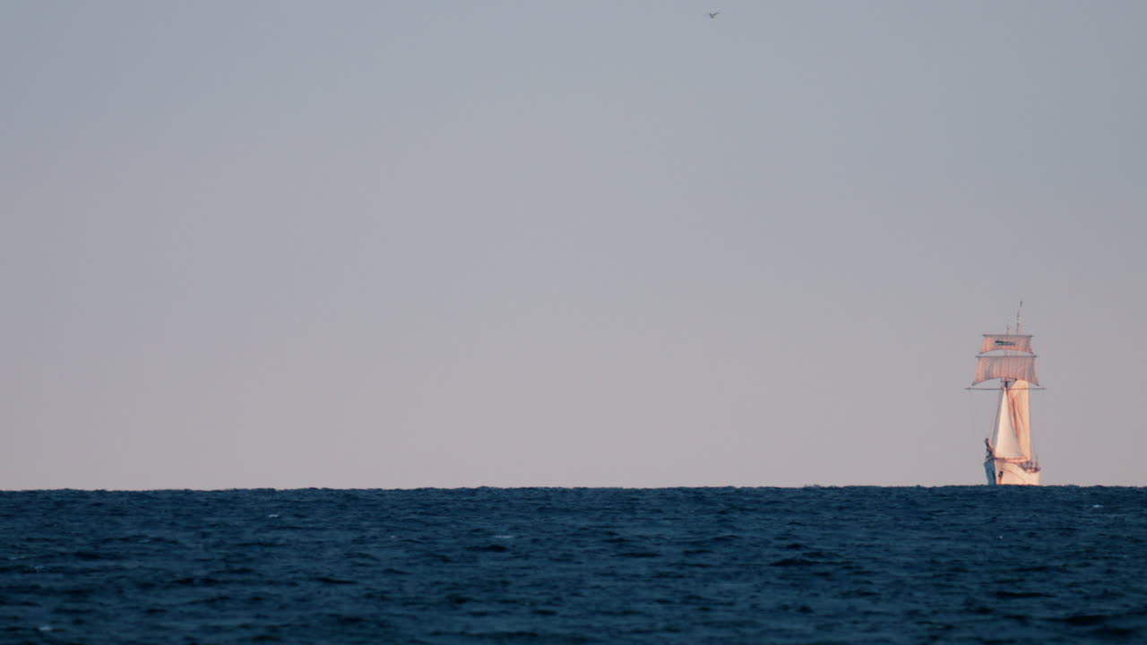 A majestic sailing ship appears on the horizon against a pastel sky and deep blue sea