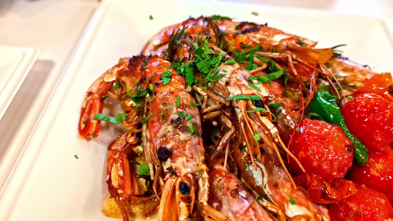 Grilled shrimp and cherry tomato dish with herbs on white plate