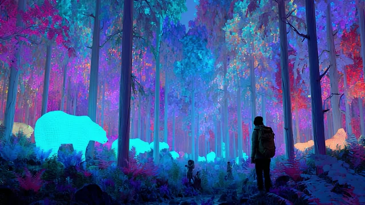 Foresta surreale con orsi luminosi e fogliame vivido di notte
