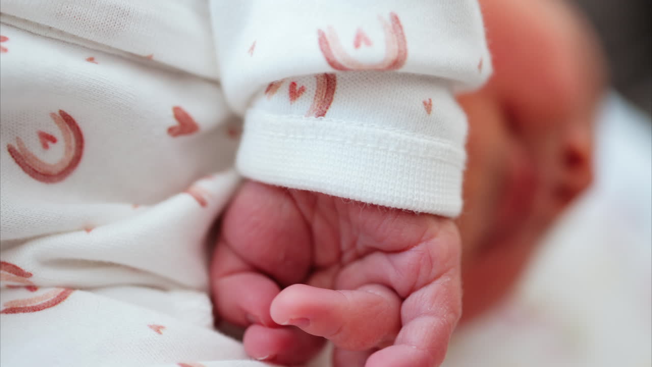 Close up of a newborn baby's tiny hand clenched in soft natural light while resting