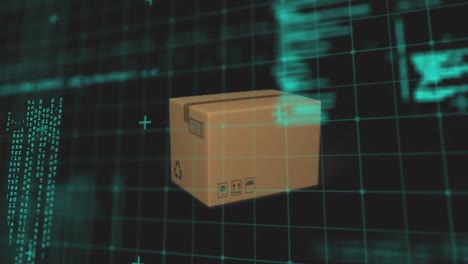 Data processing on grid network over delivery box falling against black background