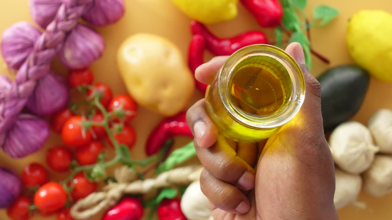 closeup de una mano sosteniendo una botella de aceite de oliva con verduras en el fondo