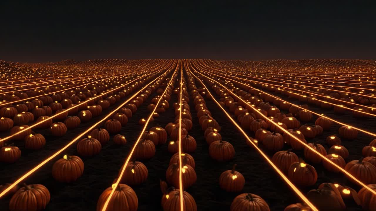A Captivating View of a Pumpkin Field Illuminated by Enchanting Lights, Creating a Dreamlike Atmosphere Perfect for Autumn Celebrations and Festivities