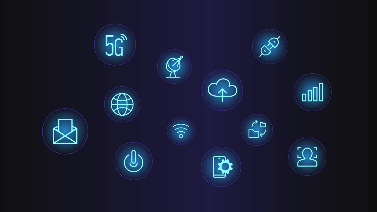 elektronika 5g i cyfrowe ikony pojawiające się i unoszące na ciemnoniebieskim neonowym tle