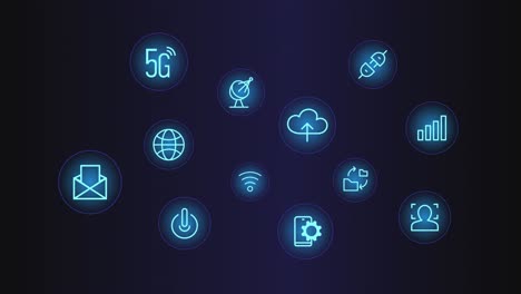 5g electronics and digital icons appearing and floating on dark blue neon background