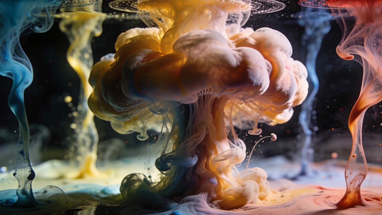 Pouring pigments causing central plume billowing in glass tank for color mixing, with bubbles