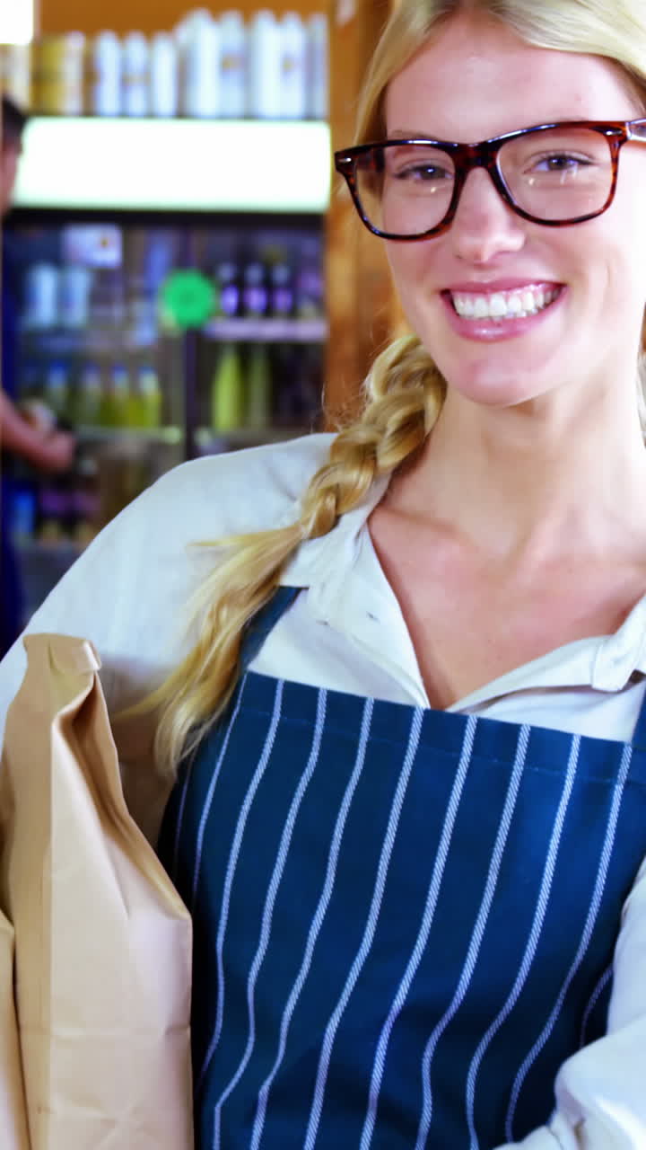 Dipendente donna che tiene in mano dei pacchetti
