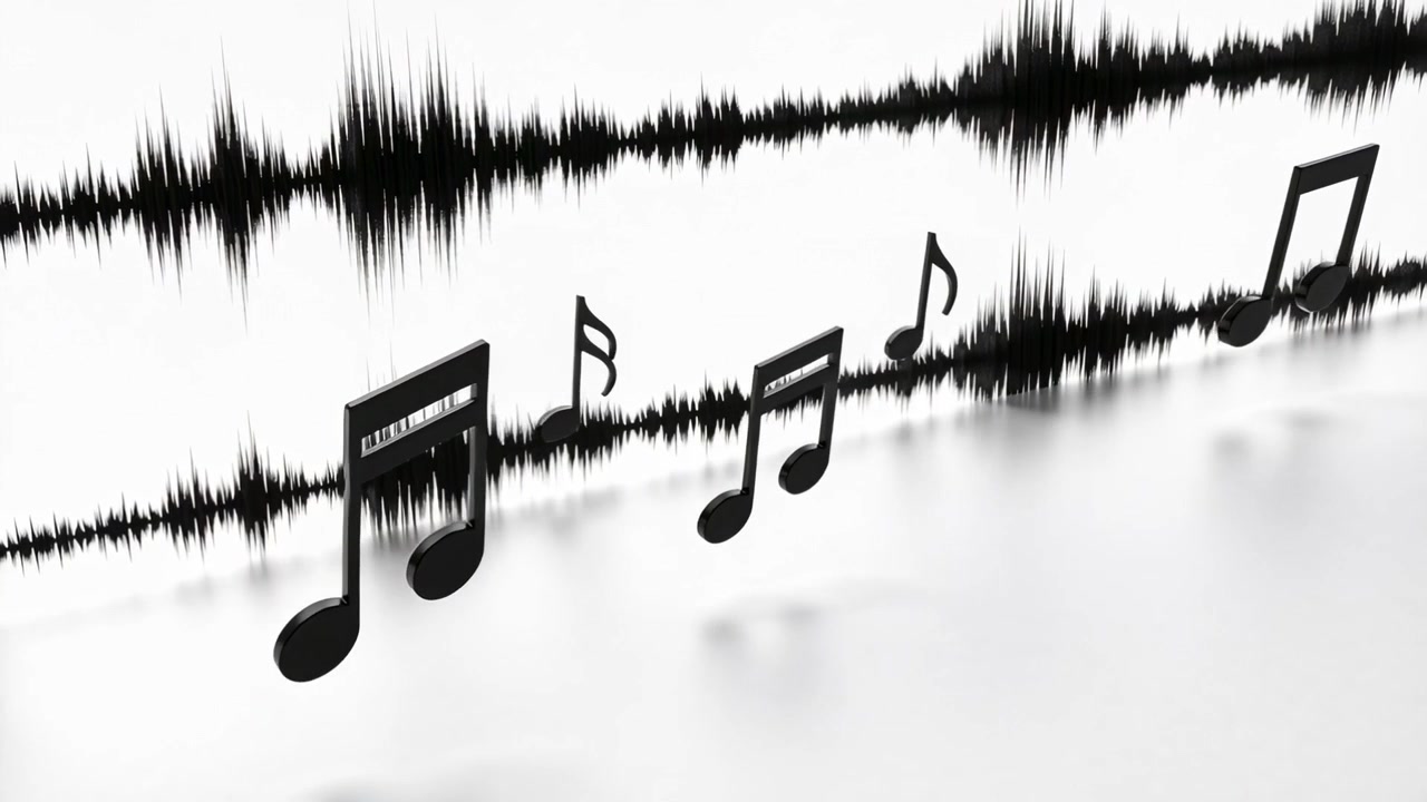 Parlak beyaz bir yüzeyde müzik notalarını ileri iten, yükselen ses enerjisini gösteren büyüyen dalga formu.