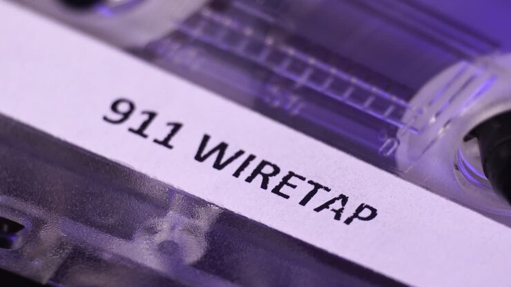 911 Wiretap Recording on Audio Cassette Tape Playing, Macro Close Up Detail