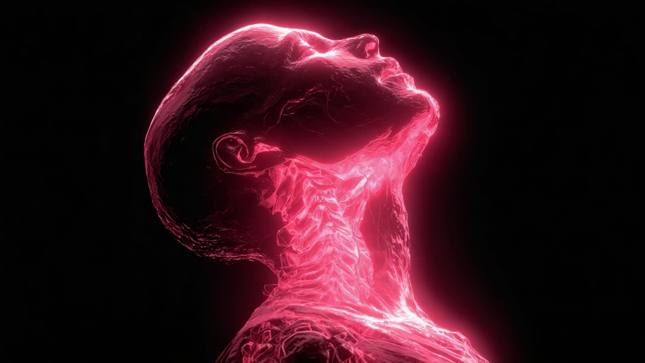 Un viaggio visivo ipnotizzante attraverso la forma umana: uno scorcio etereo dell'anatomia interna illuminato da una luce rosa radiosa.