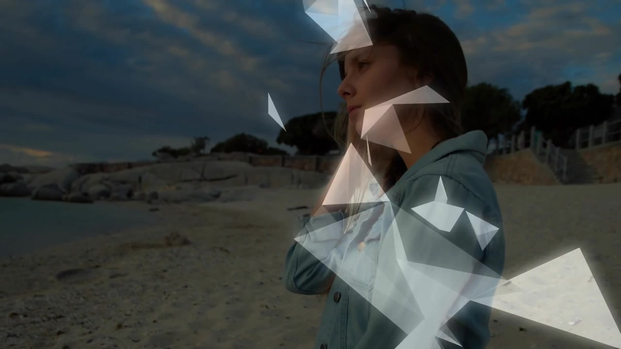 Adult woman rising on shoreline, cluster appearing near torso forming triangular overlay for design